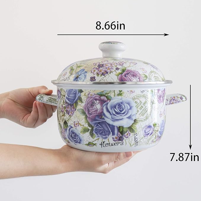 Flower Enamel on Steel Stock Pot/Stockpot with Lid, 3 Quart (style2) - Image 2