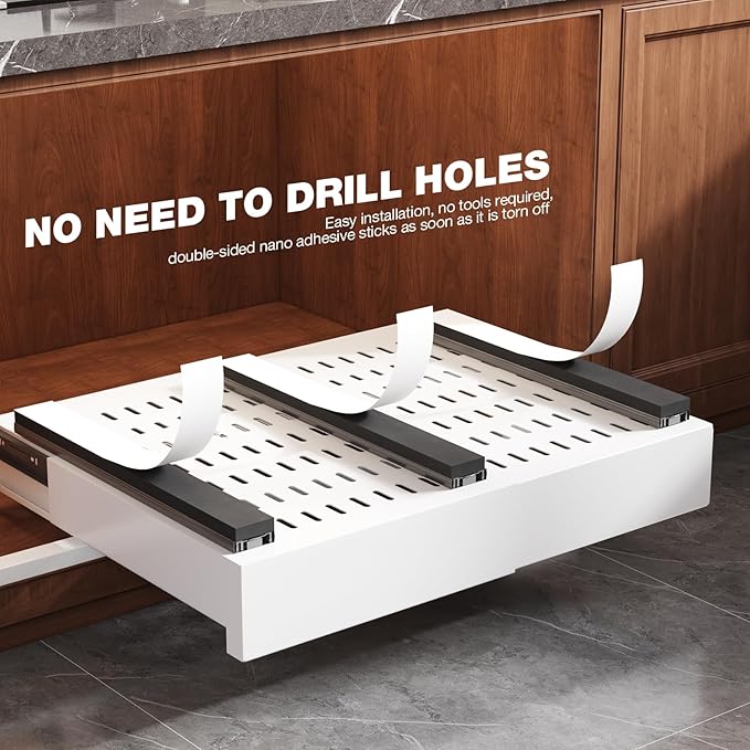 Seinloes 2 Pack Pull Out Cabinet Organizer Expandable Width(13"-21") and Depth(13"-17"),Slide Out Drawers With Raising Pad for Framed Cabinets,No Drill Roll Out Shelves for kitchen,Bathroom,White - Image 7