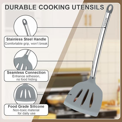 8 PCS Cooking Utensils Set, Vayvnt Silicone Kitchen Spatula Set for Cooking, Non Toxic Silicone Kitchen Utensils with Stainless Steel Long Handle, Spoon and Tong, Heat Resistant&Dishwasher Safe, Gray