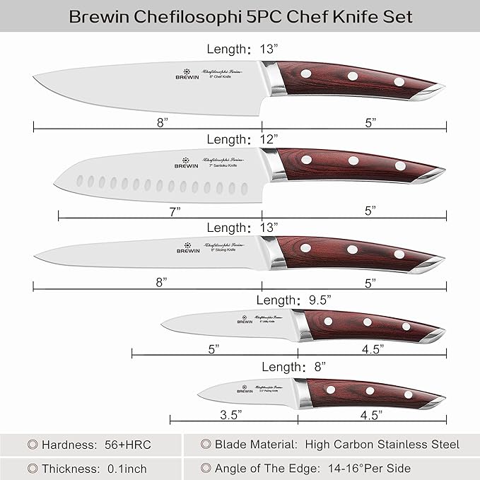 Brewin CHEFILOSOPHI Japanese Chef Knife Set 5 PCS with Elegant Red Pakkawood Handle Ergonomic Design,Professional Ultra Sharp Kitchen Knives for Cooking High Carbon Stainless Steel - Image 5