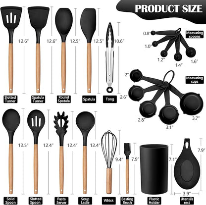 HaWare Kitchen Cooking Utensils Set, 23-Piece Silicone Kitchen Utensils Spatula Set with Holder, Heat Resistant Wooden Handle Kitchen Gadget for Nonstick Cookware, Food-grade Turner Spoon Sets (Black) - Image 2