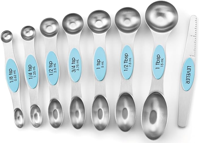 Spring Chef Stainless Steel Magnetic Measuring Spoons Set of 8 with Leveler, Nesting Metal Teaspoon & Tablespoon Measuring Spoons, Fits in Spice Jars, Kitchen Gadgets for Baking & Cooking - Aqua Sky by SpringChef