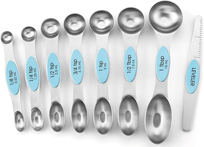 Spring Chef Stainless Steel Magnetic Measuring Spoons Set of 8 with Leveler, Nesting Metal Teaspoon & Tablespoon Measuring Spoons, Fits in Spice Jars, Kitchen Gadgets for Baking & Cooking - Aqua Sky by SpringChef