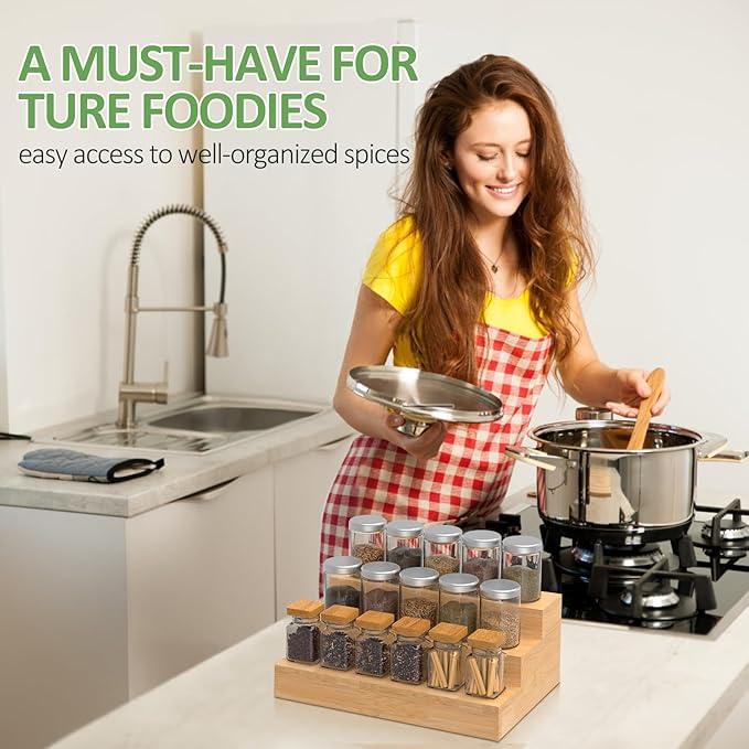 2 Pack Bamboo Spice Rack Organizer for Kitchen Counter, 3 Tier Spice Shelf Holder for Cabinet (Jars Not Included) - Image 3