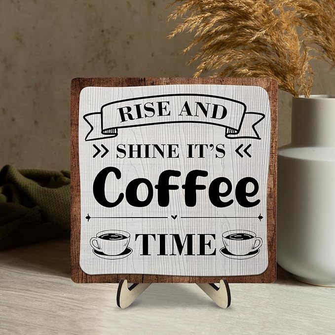Coffee Bar Sign Plaque, Coffee Signs for Coffee Station, Vintage Coffee Sign Decor for Kitchen, Coffee Bar Accessories, Coffee Themed Gifts, Farmhouse Cafe Sign,Coffee & Tea Bar Decor Signs (Gray&Brown, 5.9x5.9inches) - Image 5