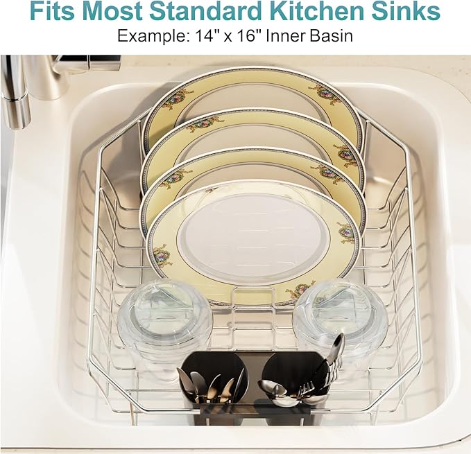 GSlife Small in Sink Dish Drying Rack - Stainless Steel Compact Dish Drainer for RV Kitchen Apartment Sink, Rust Resistant Inside Sink Rack, 1–2 Person Households, 13.1" W x 14.4" L, Silver - Image 7