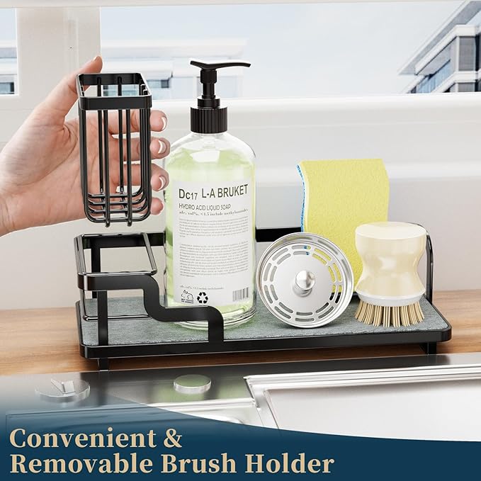 Consumest Sponge Holder for Kitchen Sink - Sink Caddy Organizer with Water Absorbing Stone Tray, Detachable Brush Holder, Stainless Steel Kitchen Counter Organizer Rack, Black - Image 3