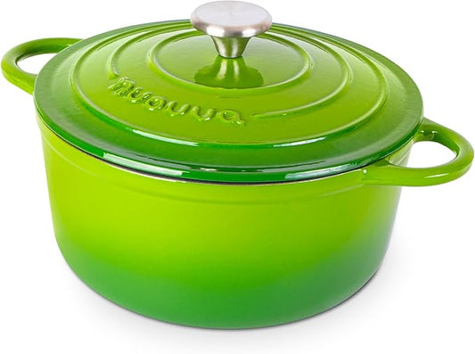 Cast Iron Pot with Lid – Non-Stick Ovenproof Enamelled Casserole Pot, Oven Safe up to 500° F – Sturdy Dutch Oven Cookware – Green, 5-Quart, 24cm – by Nuovva by Nuovva
