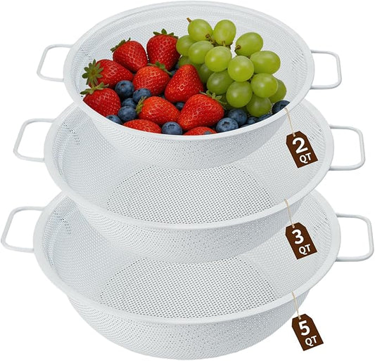 Colander Set with White Coating, Stainless Steel Micro-Perforated Colanders Strainers for Draining Rinsing Washing, Ideal for Vegetables Fruits, Heavy Duty & Dishwasher Safe by HomeGood4Less