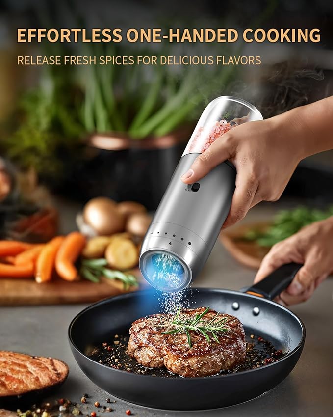 Gravity Electric Salt and Pepper Grinder Set with Rechargeable Base, 2-Speed Grinding Control Stainless Steel Pepper Mill Set with Adjustable Coarseness, LED Light & 176ml Large Capacity - Image 5