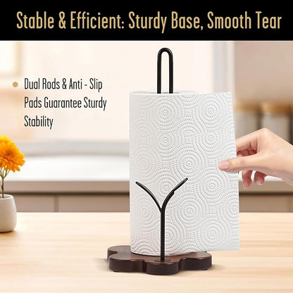 Wooden Paper Towel Holder Countertop, Floral Base with Dual Iron Rods in Antique Brown Finish, Leaf-Shaped Accent, Stable & Durable, Non Slip Pads, Elegant Kitchen/Dining Décor