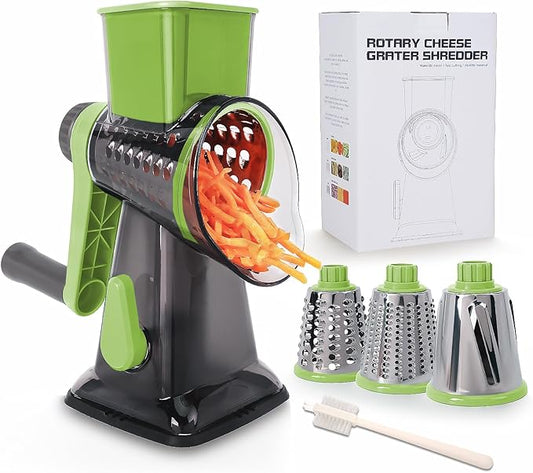 Rotary Cheese Grater with Handle-Versatile Cheese Grater Non-Slip Suction Base,Cheese Shredder & Food Slicer for Cheese,Carrots, Cucumbers,Nuts-Compact & Easy Clean Kitchen Kitchen Tool (Green)