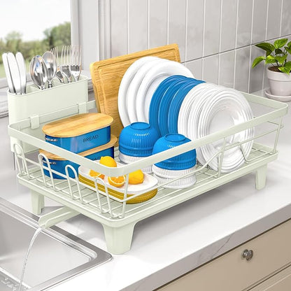 Urackify Dish Drying Rack for Kitchen Counter, Sink Dish Rack with Drainboard, Large Dish Drainer with Cups Holder, Home Countertop Plate Dryer Storage Rack with Cutlery Holder, Soft Celery Green - Image 4