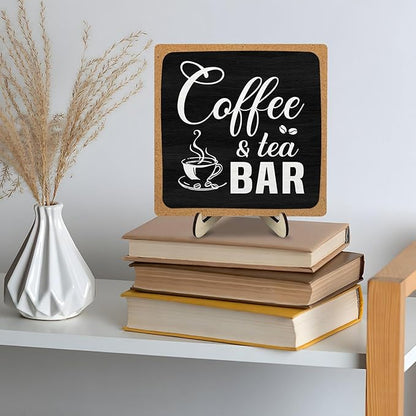 Coffee Bar Sign Plaque Decor,Cafe Station Accessorie for Office,Rustic Wooden Tabletop Plaque with Stand, Minimalist Farmhouse Kitchen Counter Sign ,Cute Mini Café Bar Decor Gift ,Coffee & Tea Bar Decor Signs 5.9x5.9Inch (Black&Grown) - Image 7