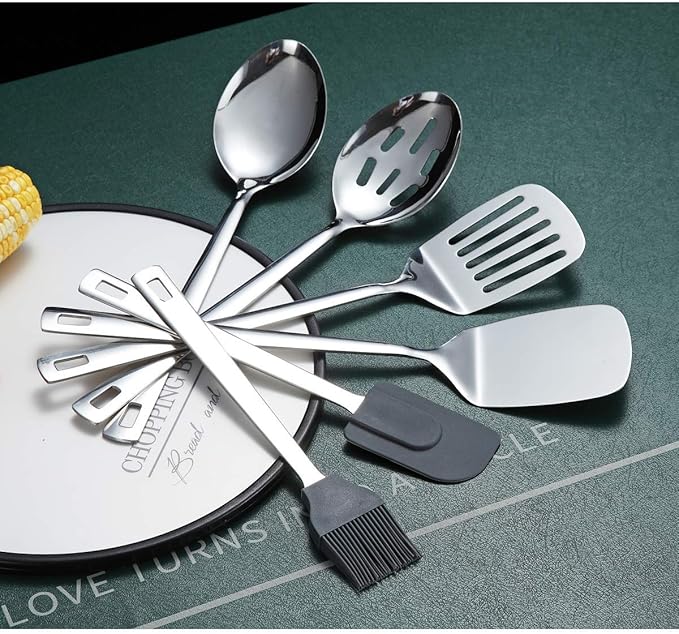 Cooking Spoon, Berglander 6 Pieces Spatula Set Stainless Steel, Metal Spatula, Serving Spoon, Kitchen Tools Set Non-Stick And Heat Resistant, Dishwasher Safe, Easy to Clean (6 Packs) - Image 4
