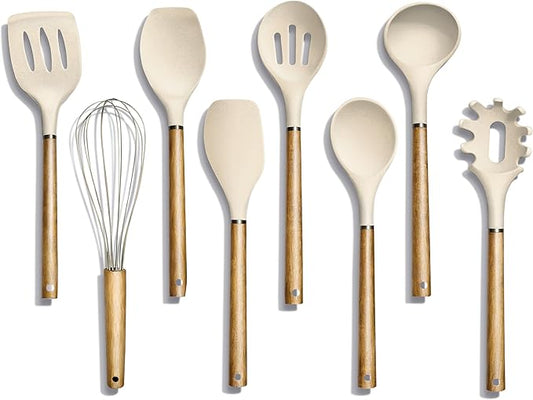 Country Kitchen Non Stick Silicone Utensil Set with Rounded Wood Handles for Cooking and Baking, 8 Piece Set, Khaki
