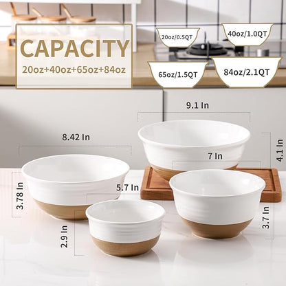 HASENSE Nesting Ceramic Mixing Bowls Set of 4, 2.1/1.5/1.0/0.5 Qt White & Terracotta Stoneware Bowls, Farmhouse Bowls for Cooking, Prepping, Salad & Soup, Dishwasher & Microwave Safe, Serving Dishes - Image 3