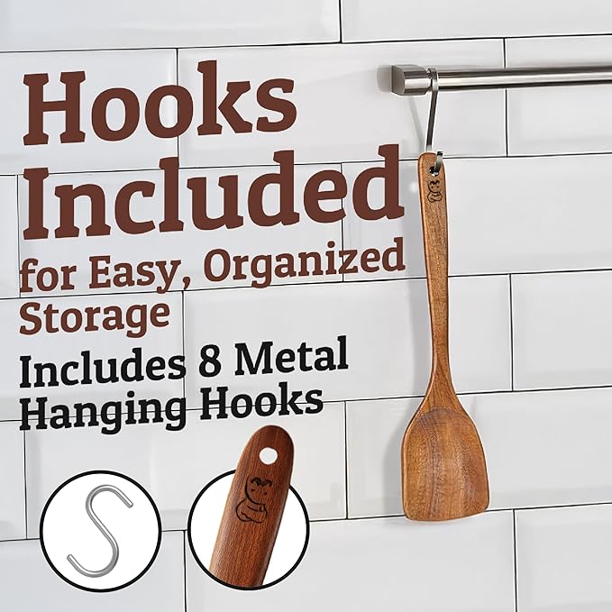 PriorityChef Wooden Spoons for Cooking, Premium 8pc Teak Wood Utensil Set with Hanging Hooks - Image 6