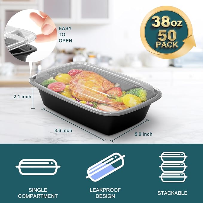 WGCC Meal Prep Containers, 50Pack [38OZ] Food Storage Containers With Lids, Reusable Food Prep Containers, To Go Containers With Lids, BPA-free, Stackable, Microwave/Dishwasher/Freezer Safe - Image 2