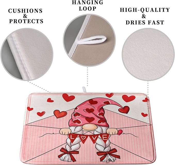 Valentine's Day Love Letter Dish Drying Mat for Kitchen Counter, Love Letter Gnome Absorbent Dish Pad Large Dish Drainer Mats for Countertop 16x18 Inch - Image 3