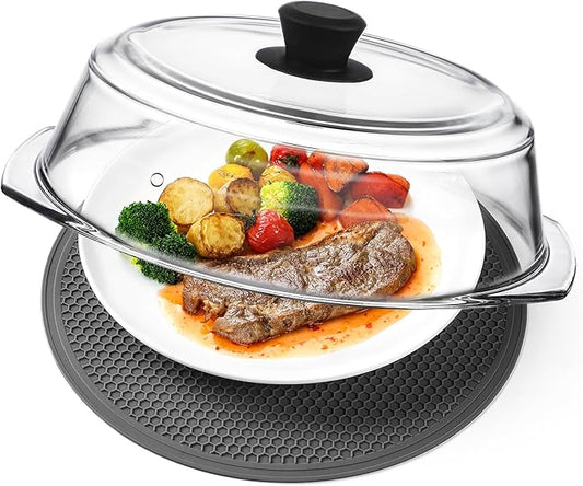 2 in 1, Tall Glass Microwave Splatter Cover for Food & Microwave Place Mat, Plate Splatter Guard Lid with Silicone Handle Knob, Cookware & Bakeware Serving Dish Cover, Food Grade, No Plastic, 10in by Unknown
