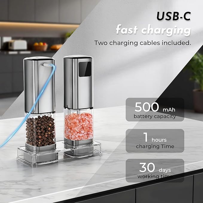 Upgraded Larger Capacity Electric Salt and Pepper Grinder Set Rechargeable with Digital Display, Light & Ceramic Core, Adjustable Coarseness, Stainless Steel Material Sliver 2 Pack - Image 4