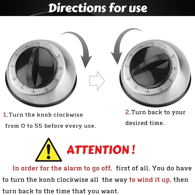 Kitchen Timer for Cooking, Chef Cooking Magnetic Timer - No Batteries Required - Loud Alarm, Mechanical Desk Manual Timers - Magnetic Clock Backing, Countdown Reminder - Stainless Steel Body - Image 7