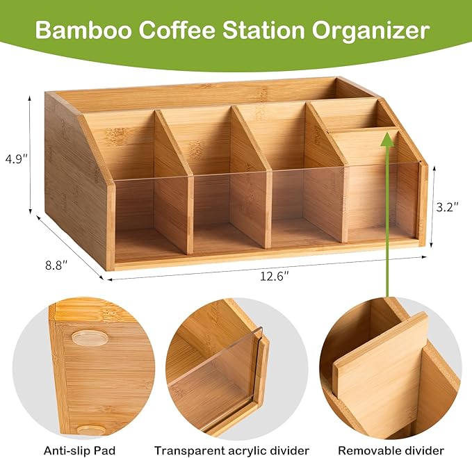Bamboo Coffee Station Organizer for Countertop, Coffee Bar Accessories Organizer with 6 Compartments for Tea Bags Condiment, Pods, Creamer, Stirrer, Syrup, Cups - Image 2