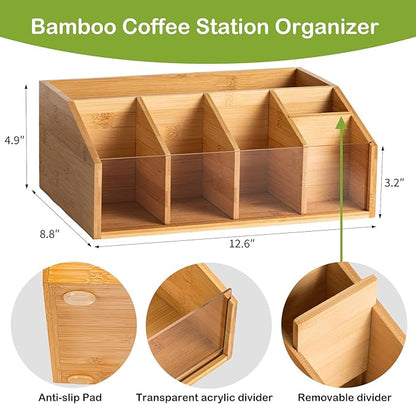 Bamboo Coffee Station Organizer for Countertop, Coffee Bar Accessories Organizer with 6 Compartments for Tea Bags Condiment, Pods, Creamer, Stirrer, Syrup, Cups - Image 2