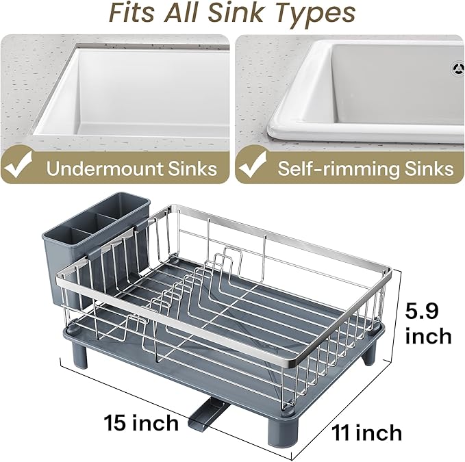 SNTD Dish Drying Rack - Small Dish Rack for Kitchen Counter, Stainless Steel Dish Drainer with Utensil Holder and Drainboard, 11" W x 15" L (Silver) - Image 2