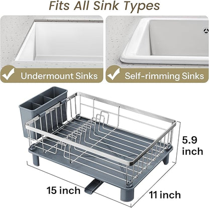 SNTD Dish Drying Rack - Small Dish Rack for Kitchen Counter, Stainless Steel Dish Drainer with Utensil Holder and Drainboard, 11" W x 15" L (Silver) - Image 2