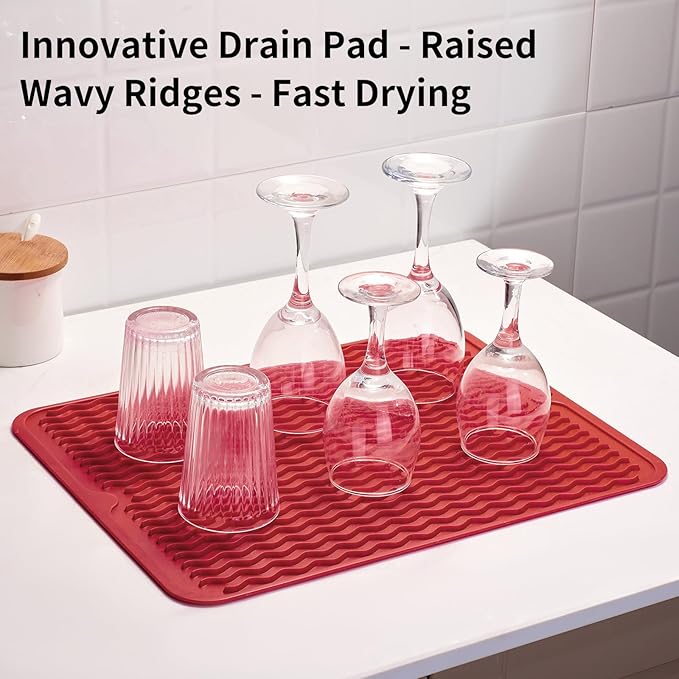 ZLR Silicone Dish Drying Mat & Heat Resistant Trivet (12" x 16") - Waterproof Counter Protector for Air Fryer, Coffee Maker - Non-Slip, BPA Free Kitchen Pad, Easy Clean Dishwasher Safe (Lava Red) - Image 8