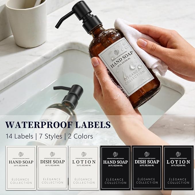 Amber Glass Soap Dispenser for Kitchen Sink and Bathroom - 2 Pack 16oz Slim Profile Bottles with Rust-Proof Stainless Steel Pump, Non-Slip Base & 14 Waterproof Labels for Home Organization - Image 3