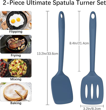 Coukre 2 Pack Silicone Spatula Set, High Heat Resistant, BPA Free Kitchen Spatula, Solid & Slotted Turner for Non-Stick Pans, Sautéing, and Flipping (2, PureDarkBlue) - Image 6