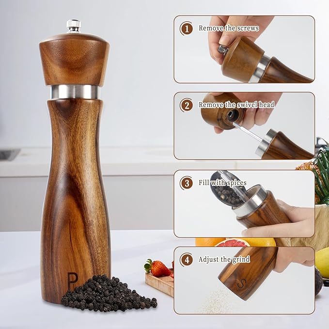 Haomacro 2 Pack Wood Salt and Pepper Grinder Set, Acacia Wood Salt and Pepper Grinder Mill Pepper Grinder Ceramic Stainless Steel Core-8 Inch - Image 2