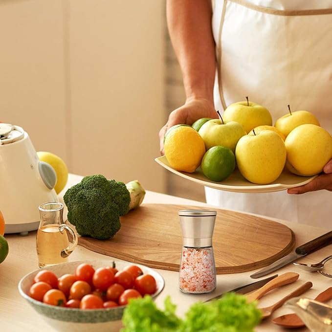 Stainless Steel Salt and Pepper Grinder Set - Short Glass Shaker, Pepper Mill & Salt Mill with Adjustable Coarseness, Refillable for Himalayan or Sea Salt, Black Peppercorn, with Bonus Stand - Image 7