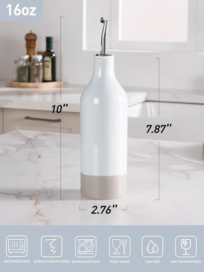 famiware Milkyway 16oz Ceramic Olive Oil Dispenser Bottle, 1 Piece Oil Dispenser for Kitchen with Stainless Steel Pourers, Suitable for Storage Vinegar, Soy Sauce, Coffee Syrup, Liquids, Light Gray