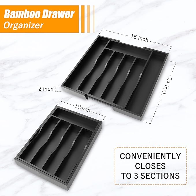 Bellsal Black Silverware Organizer Kitchen Drawer Organizer Expandable Bamboo Utensil Holder Cutlery Tray for Kitchen Utensil and Flatware Bedroom Office - Image 2