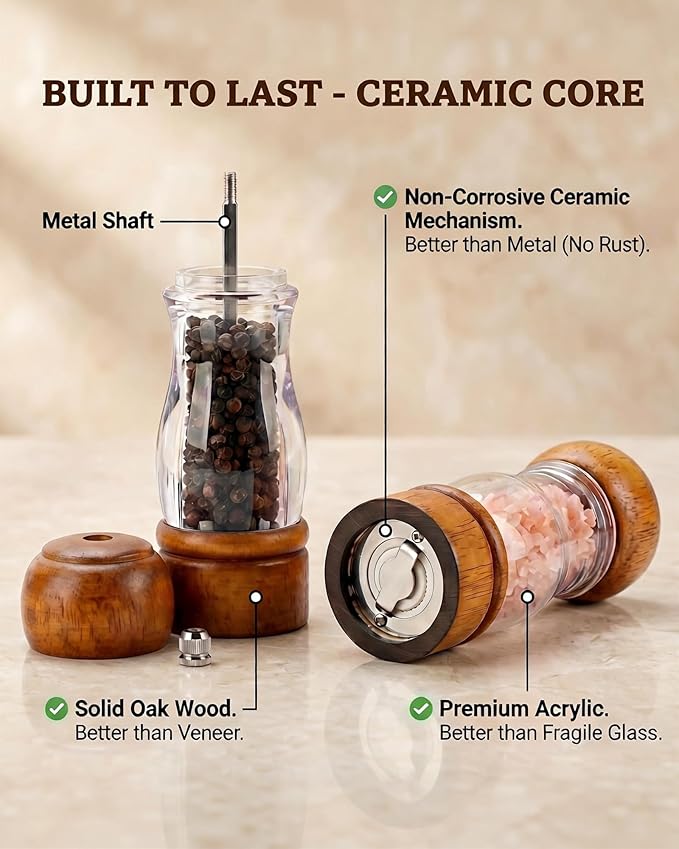 Wooden Salt and Pepper Grinder Set with Tray - 6.3 Inch Refillable Manual Pepper Mill & Sea Salt Grinder, Acrylic Window, Adjustable Ceramic Rotor for Peppercorns, House Warming Gifts - Image 4