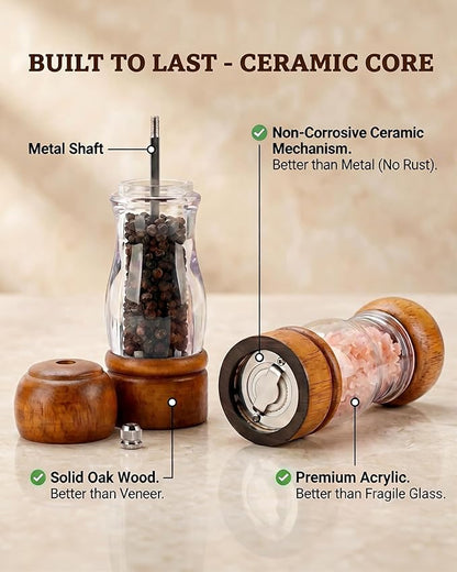 Wooden Salt and Pepper Grinder Set with Tray - 6.3 Inch Refillable Manual Pepper Mill & Sea Salt Grinder, Acrylic Window, Adjustable Ceramic Rotor for Peppercorns, House Warming Gifts - Image 4