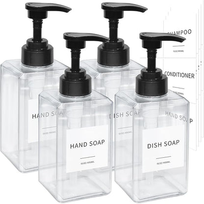 Clear Soap Dispenser with Waterproof Labels, Thickened Plastic Hand Soap Dispenser for Bathroom, Kitchen Dish Washing Liquid Bottles, Shampoo and Conditioner Bottles with Funnel (15oz 4Pack Clear) by Lewistin