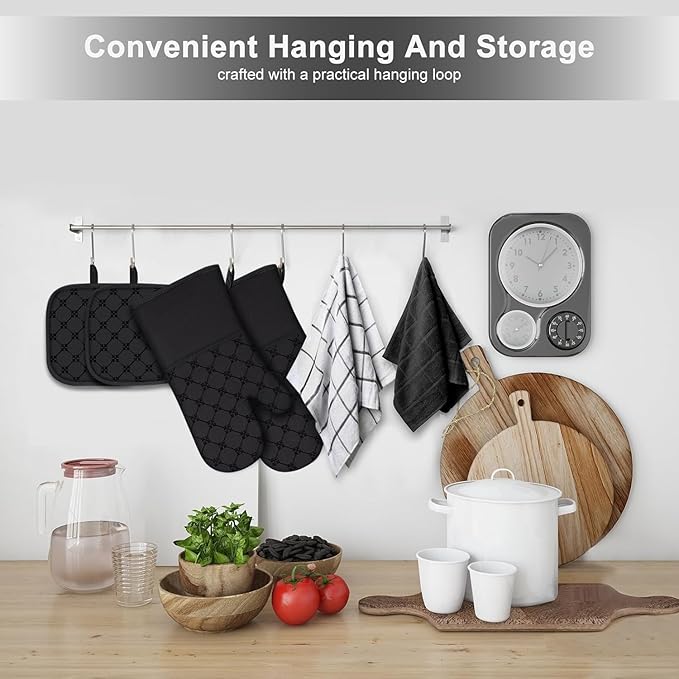 Oven Mitts Kitchen Towels Dishcloths with Pot Holders Sets 12PCS, Dish Towels Sets, Oven Gloves Pot Pads Heat Resistant 500 Degrees with Non-Slip Silicone Surface for Cooking Baking Grilling Black - Image 7