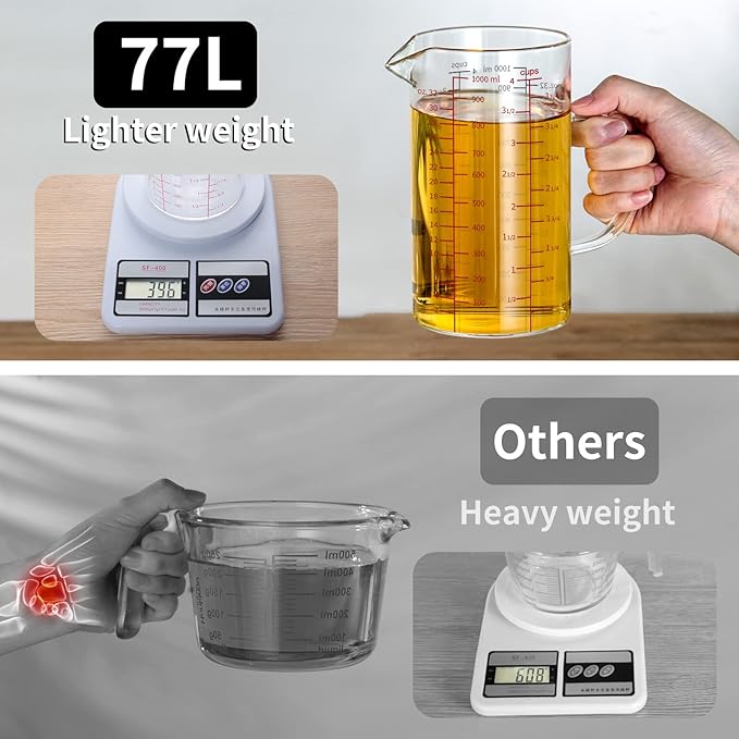 77L Glass Measuring Cup, [Double-Sided Measuring Scale, Insulated handle, V-Shaped Spout], High Borosilicate Glass Measuring Cup for Kitchen or Restaurant, Easy To Read, 1000 ML (1 Liter, 4 Cup) - Image 4
