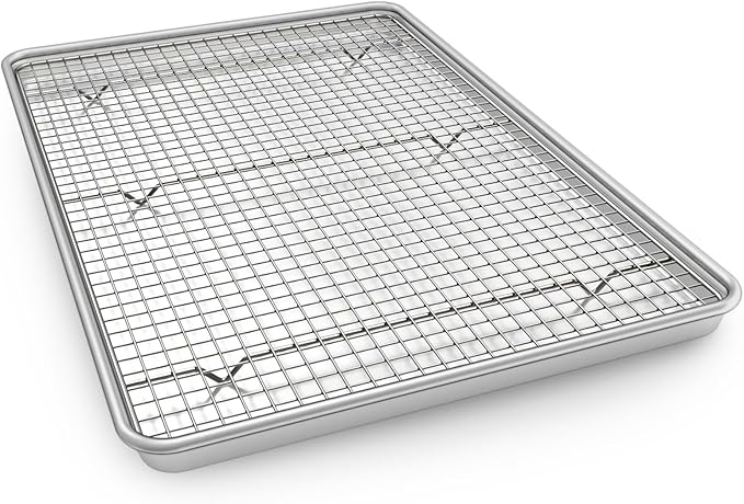 Half Sheet Pans with Rack Set, 18 Inch Commercial Quality Baking Sheet Pan Set, Natural Aluminum Cookie Sheet, Warp Resistant Nonstick Thick Cookie Tray Pans for Baking, Roasting by EWFEN