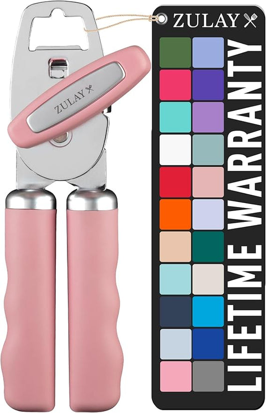 Zulay Kitchen Heavy Duty Stainless Steel Can Opener Manual with Bottle Opener - Rust Proof Manual Can Opener With Turn Knob & Comfy Soft Grip Handles - Pink by ZulayKitchen