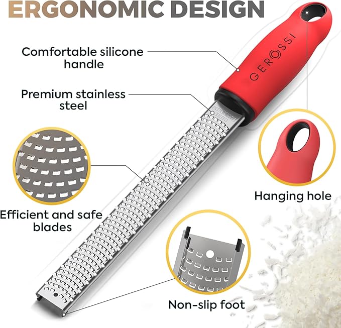 Stainless Steel Cheese Grater & Lemon Zester w/Extra Sharp Blade - Perfect for Lemon, Parmesan, Garlic, Chocolate - Spice Up any Dish in Seconds w/Your Premium Citrus Hand Grater with Handle - Red - Image 4