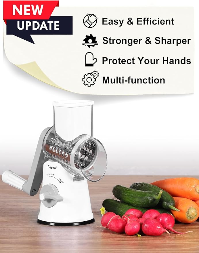 Geedel Rotary Cheese Grater Cheese Shredder - Upgraded 5-in-1 Cheese Grater with Handle and Strong Suction Base, Multi-purpose Vegetable Slicer Ice Shaver Nuts Grinder for Ice, Vegetables, Fruit, Nuts - Image 5