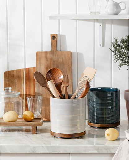 Utensil Holder, 360° Rotating Extra Large Ceramic Kitchen Utensil Holder for Countertop, 7.3“ Cooking Utensil Crocks for Kitchen Counter with Rotatable Wooden Base, Farmhouse Decor, Grey - Image 2
