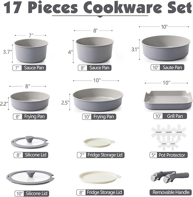 SENSARTE 17 Piece Ceramic Pots and Pans Set, Nonstick Detachable Handle Cookware, Induction Kitchen Cookware Set with Removable Handle, Dishwasher ＆ Oven Safe (Gray) - Image 2