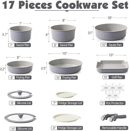 SENSARTE 17 Piece Ceramic Pots and Pans Set, Nonstick Detachable Handle Cookware, Induction Kitchen Cookware Set with Removable Handle, Dishwasher ＆ Oven Safe (Gray) - Image 2